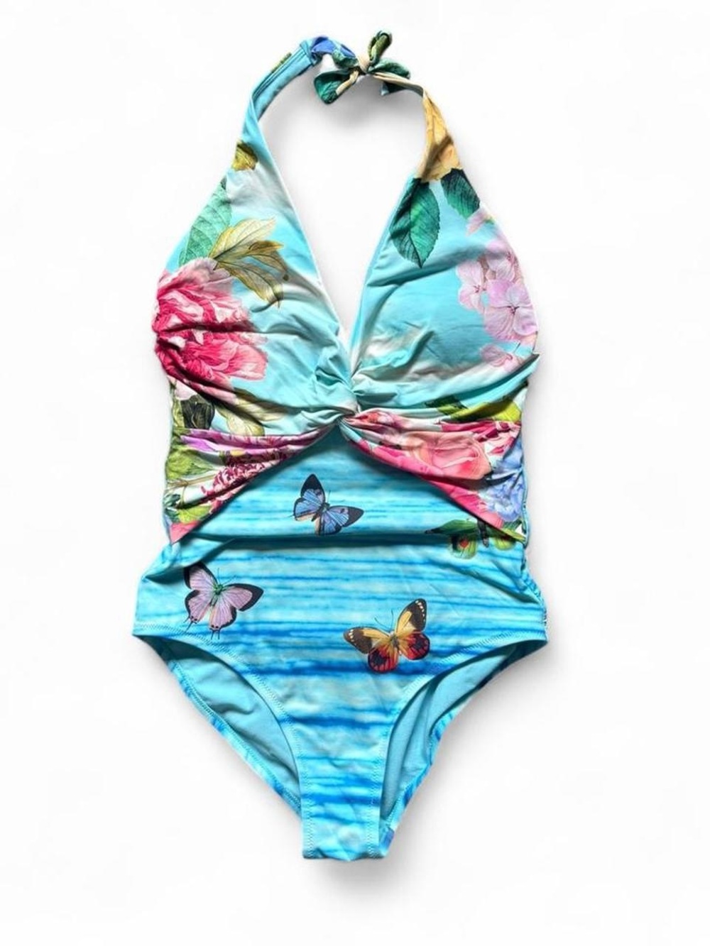 Johnny Was Turquoise Floral & Butterfly Halter One-Piece Swimsuit